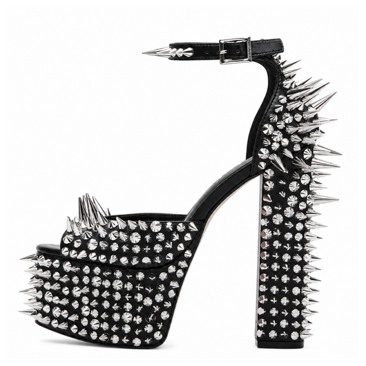 A single black platform sandal with a high block heel, covered in silver spikes and rhinestones, shown from a side profile on a white background.