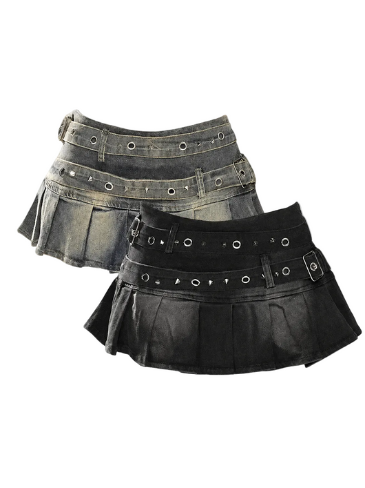 Two pleated mini skirts with wide belts and metal grommets, shown in faded gray and black on a light gray background.